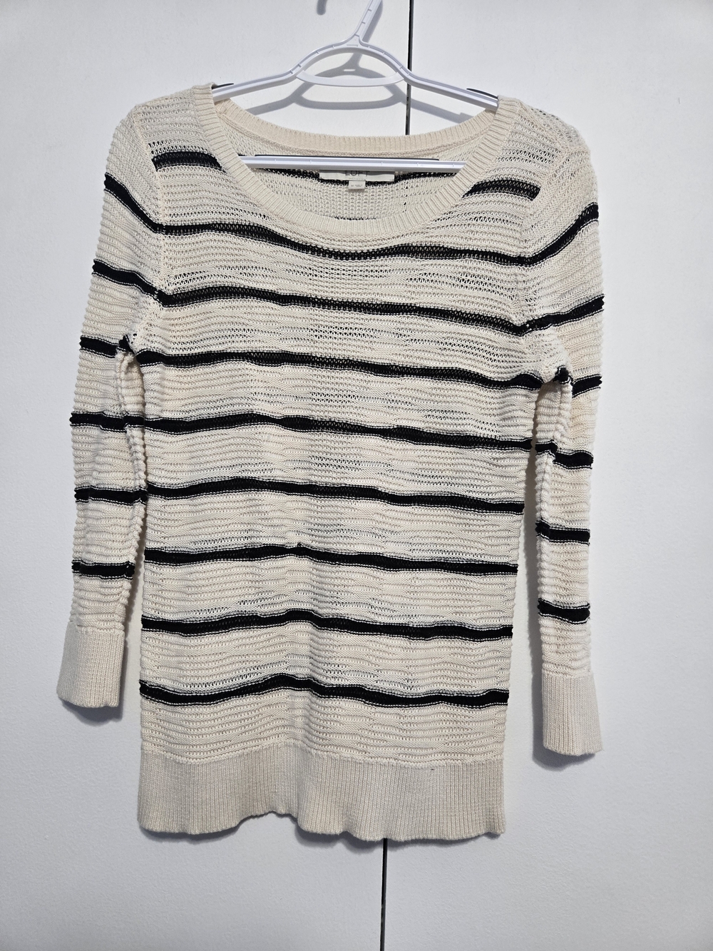 LOFT Striped Open Knit Cotton‎ Sweater Cream Black 3/4 Sleeve Medium